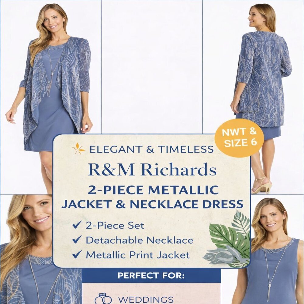 ✨ R&M Richards 2-Piece Metallic Jacket & Necklace Dress | Cadet/Silver | Size 6